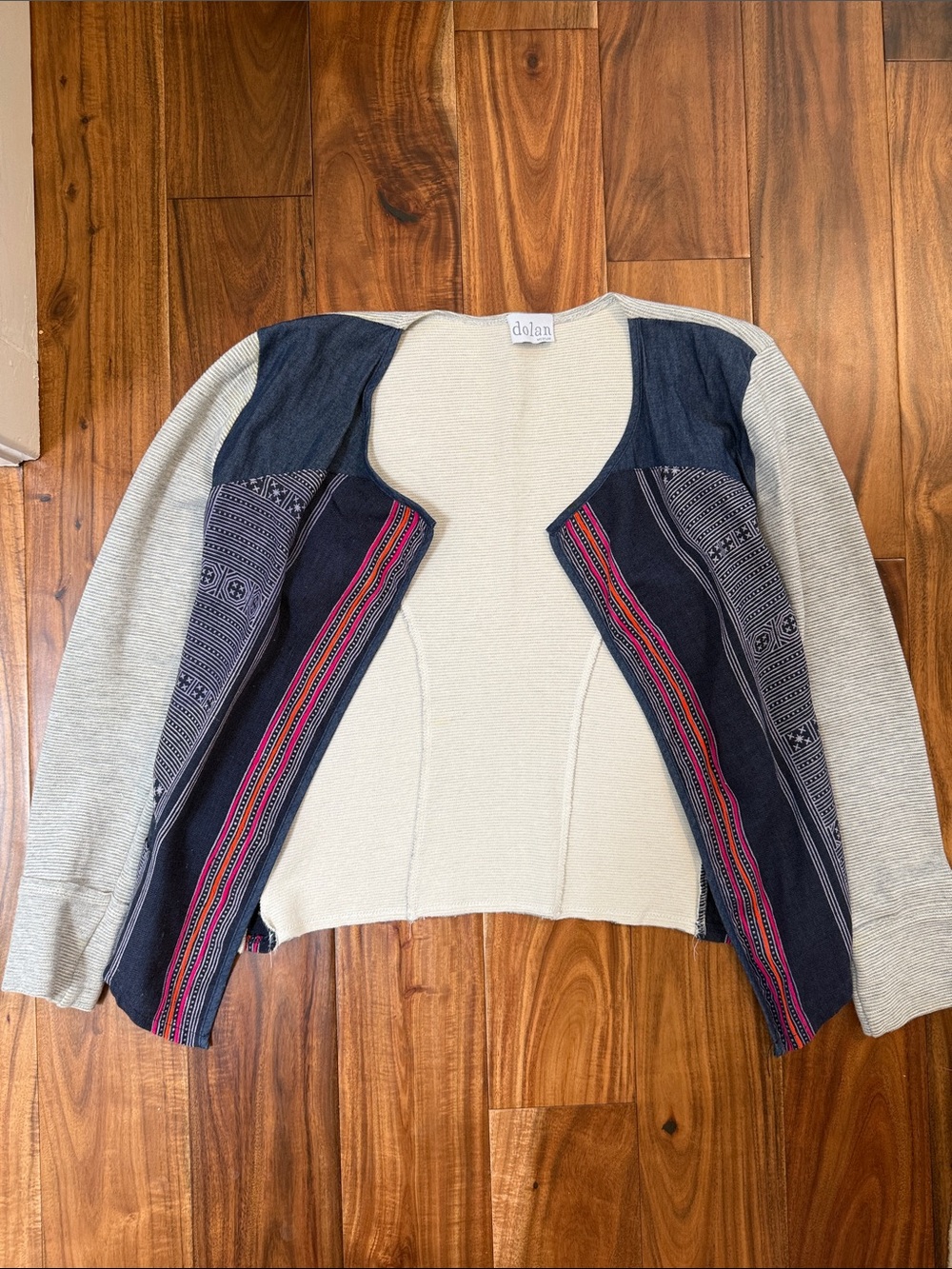 dolan Heather Gray & Navy Open-Front Knit Cardigan with Patterned Panels